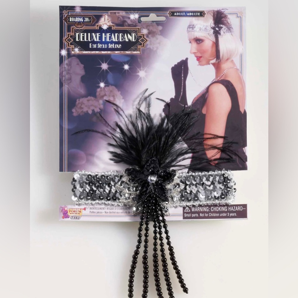 Flapper headband silver and black with feathers